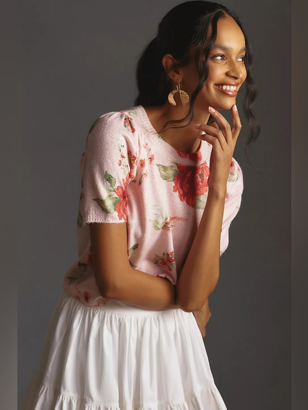 Anthropologie | Mollie Short-Sleeve Pink Rose Printed Sweater Size Medium